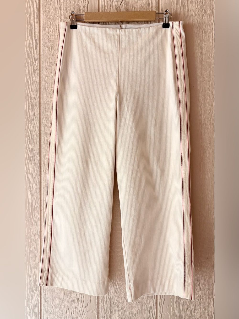Lysse New York Cream White Wide Leg Crop Pants Red Side Stripe Pull On Size L